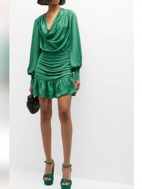 Ramy Brook Emerald Green Satin Cowl Neck Mini Dress